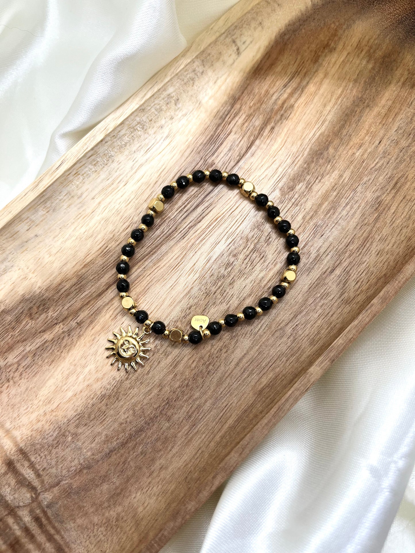 Bracelet doré et noir soleil - Agate noire