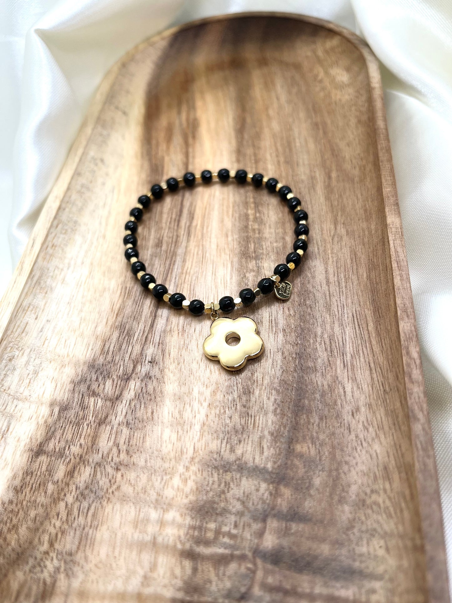Bracelet doré et noir fleur - Agate noire