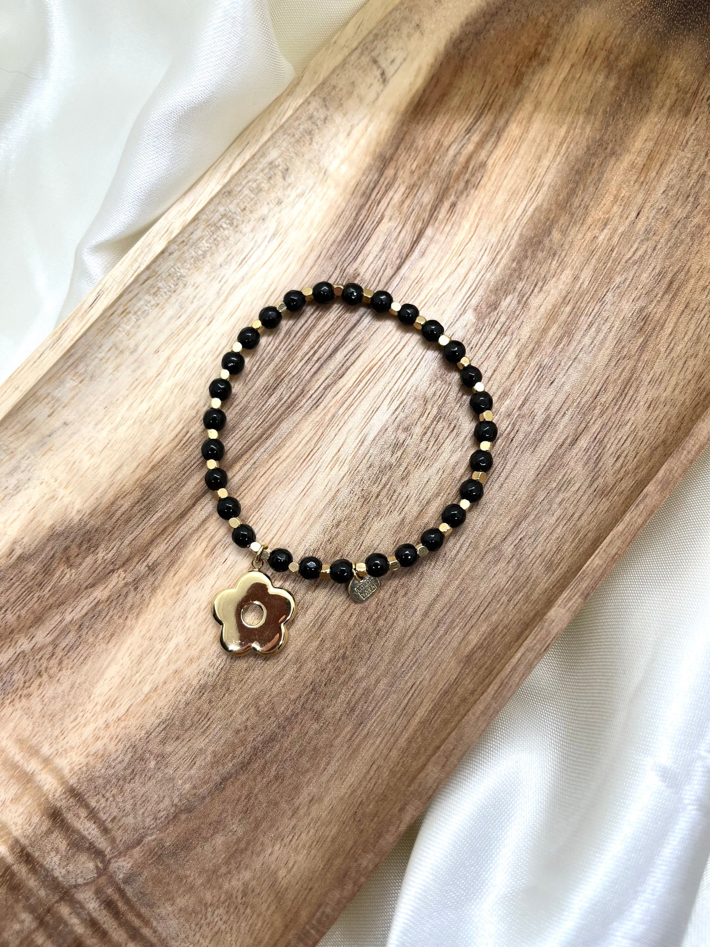 Bracelet doré et noir fleur - Agate noire