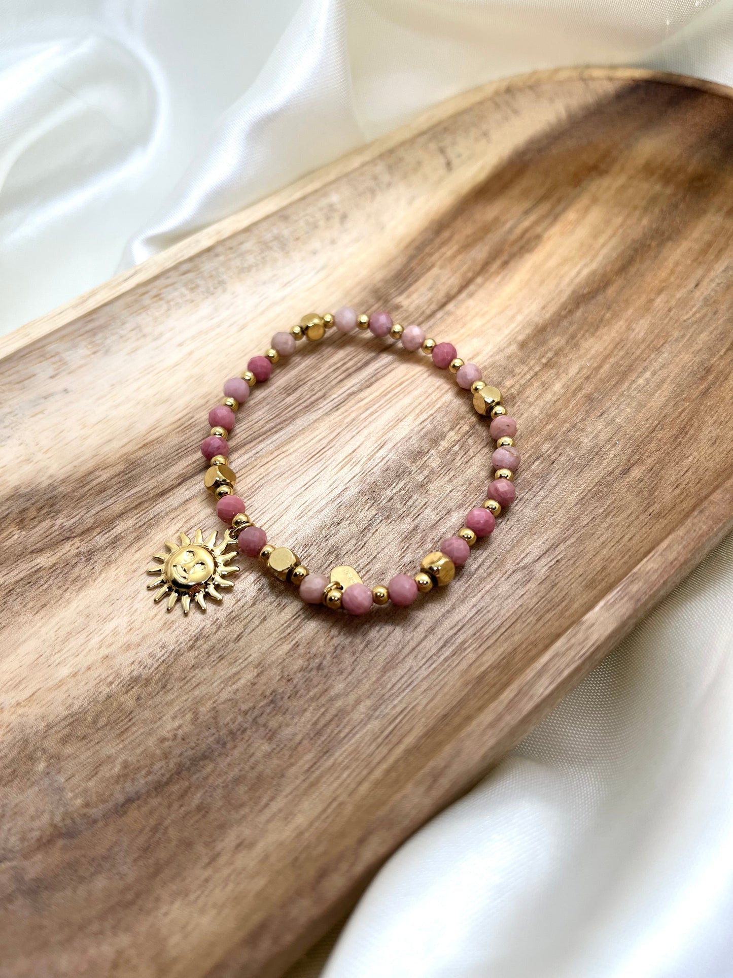 Bracelet doré et vieux rose soleil - Rhodonite