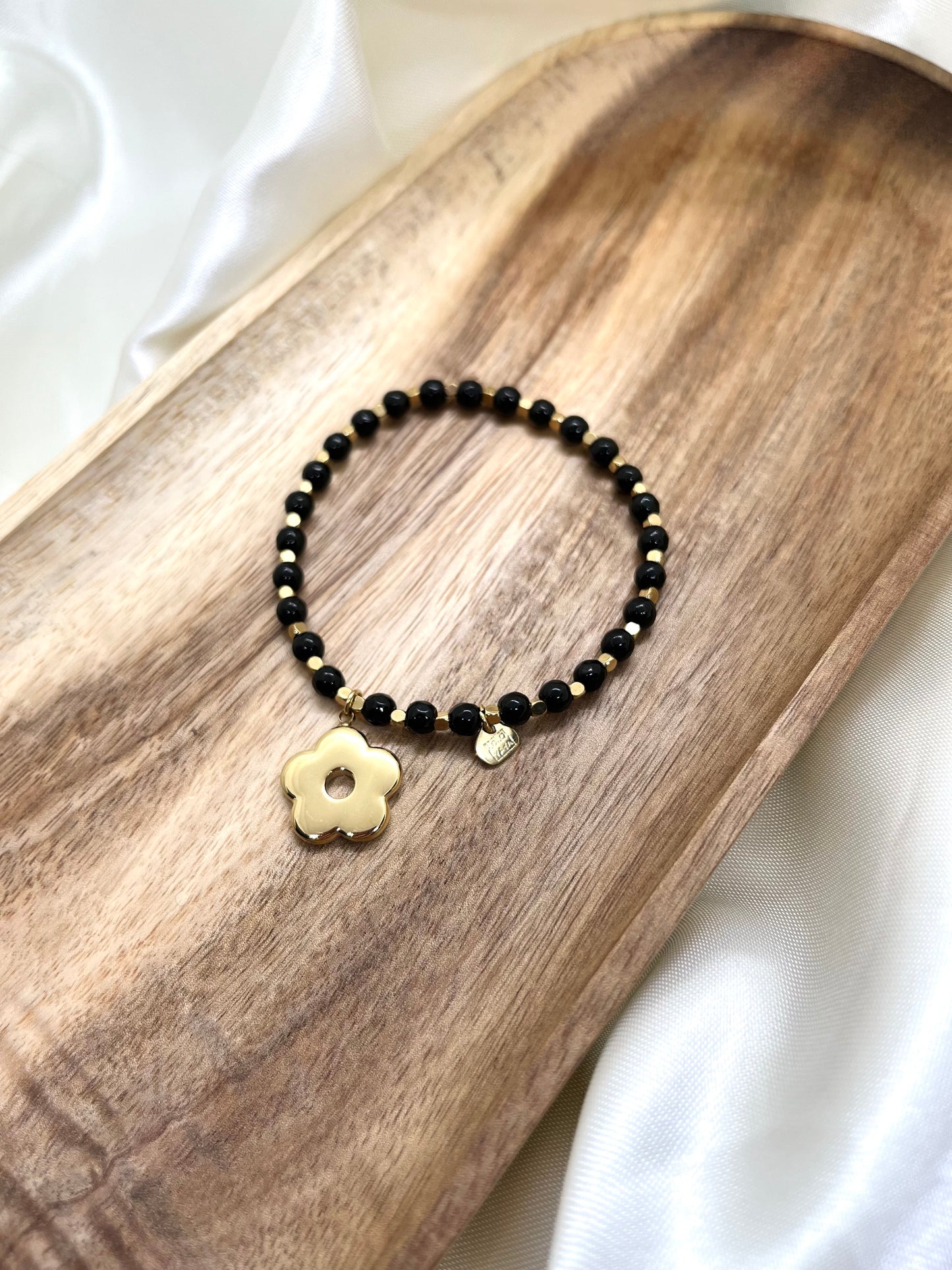 Bracelet doré et noir fleur - Agate noire