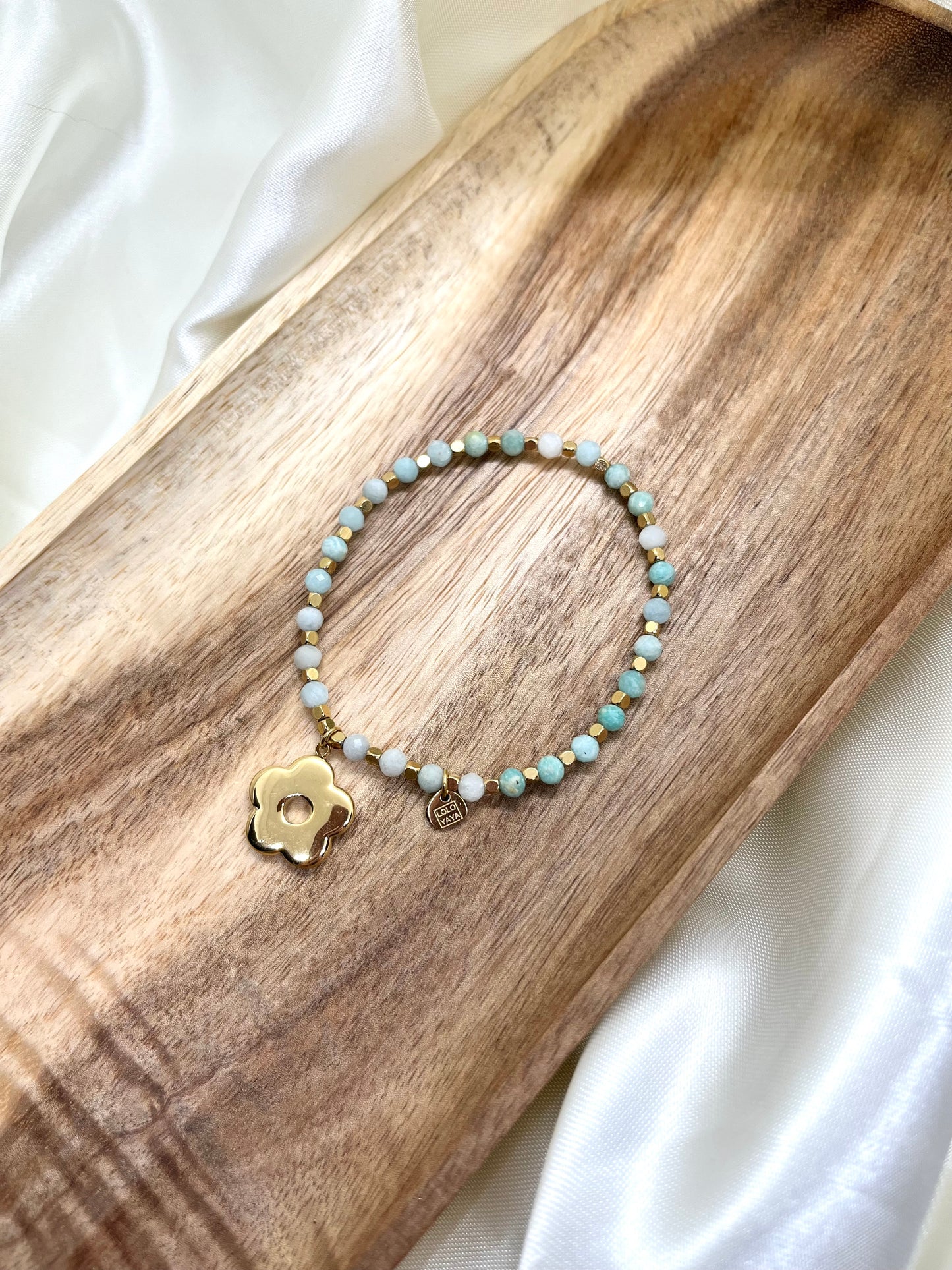 Bracelet doré et vert / bleu fleur - Amazonite