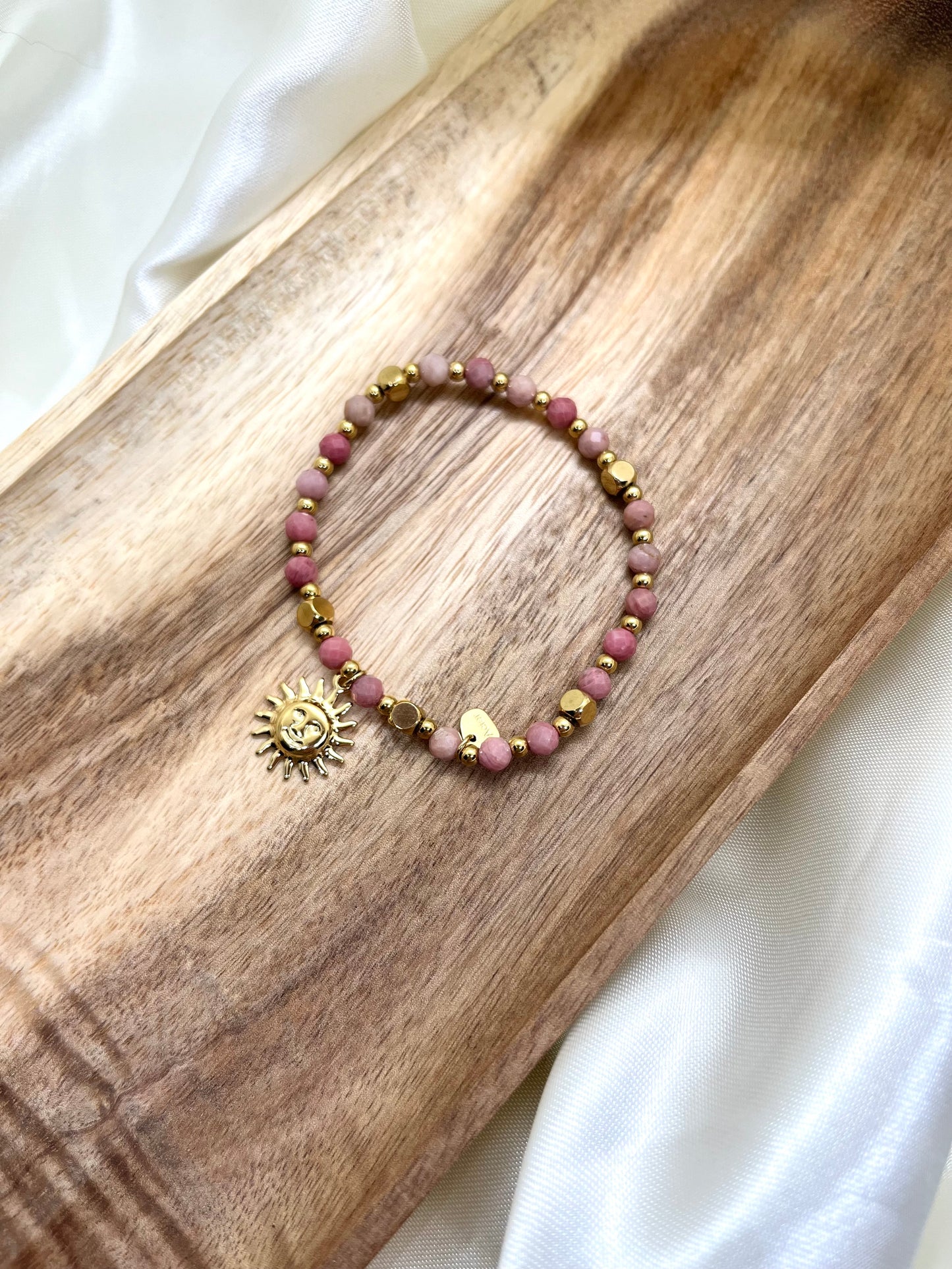 Bracelet doré et vieux rose soleil - Rhodonite