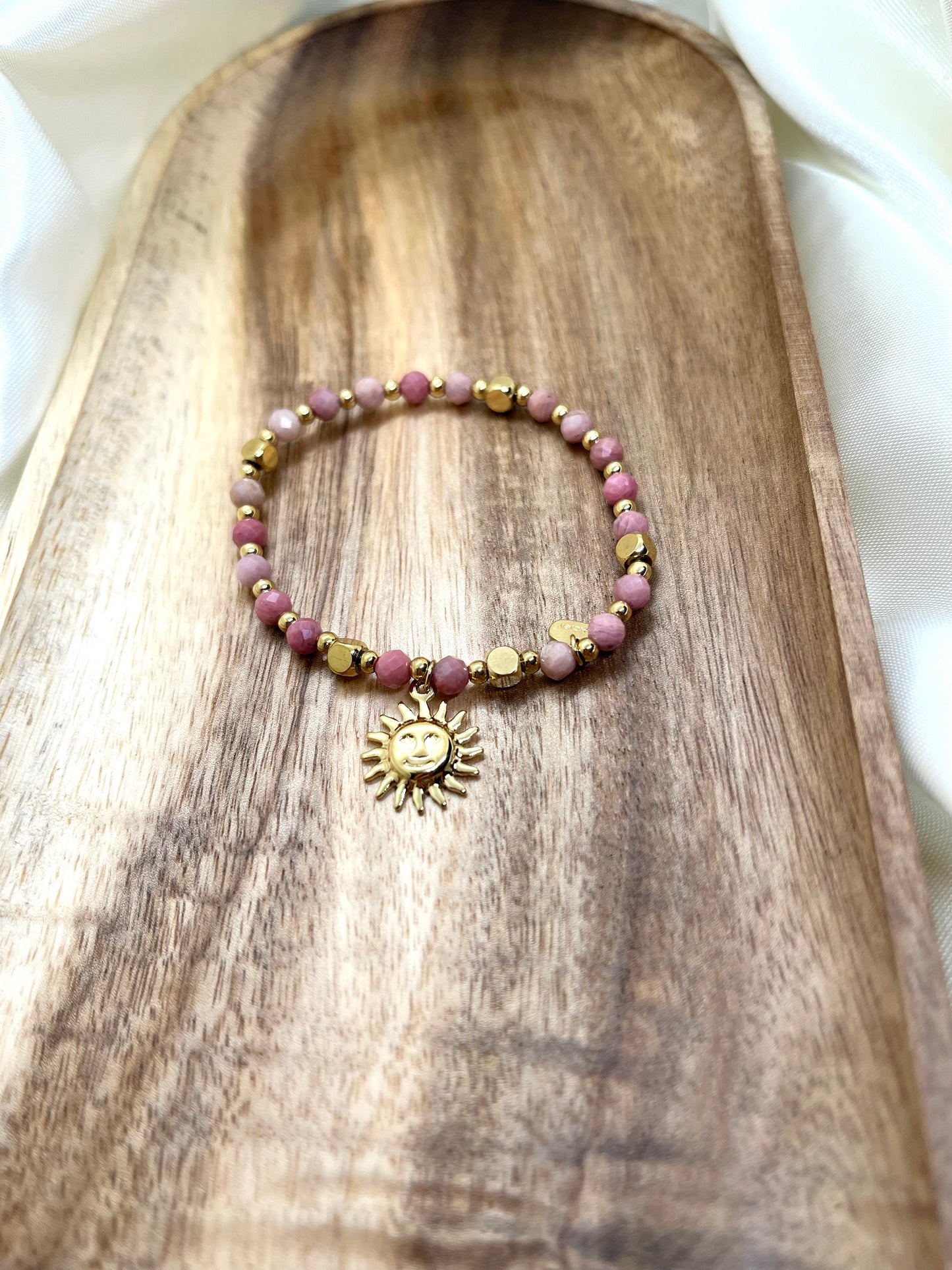 Bracelet doré et vieux rose soleil - Rhodonite