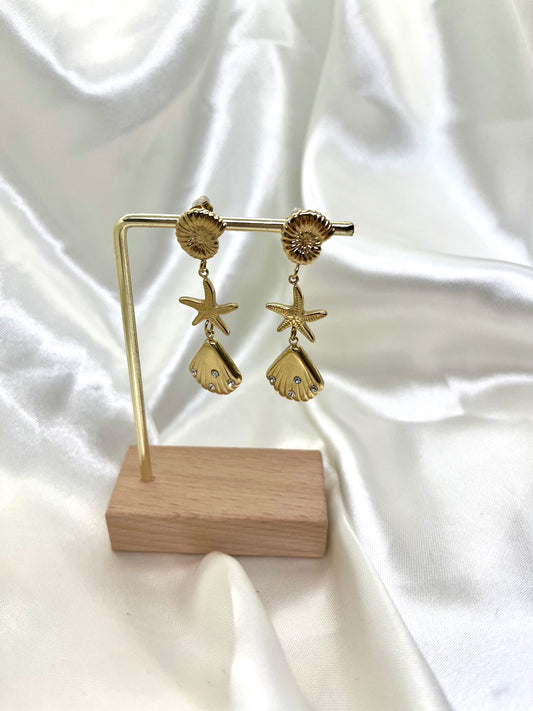 Boucles d’oreilles coquillages dorés et strass