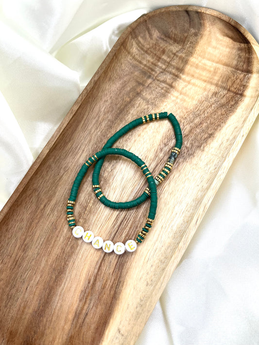 Bracelets en perles vert, blanc et doré Chance